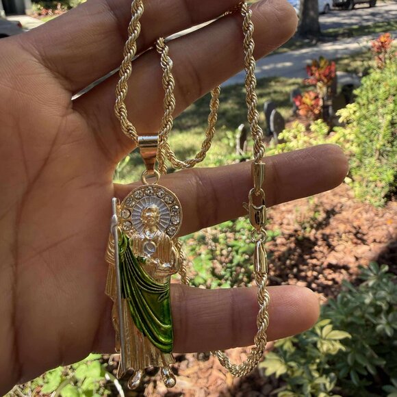 San Judas Tadeo 3" Big Pendant Necklace 14K GP Religious CZ Rope Torch Chain - Picture 4 of 4